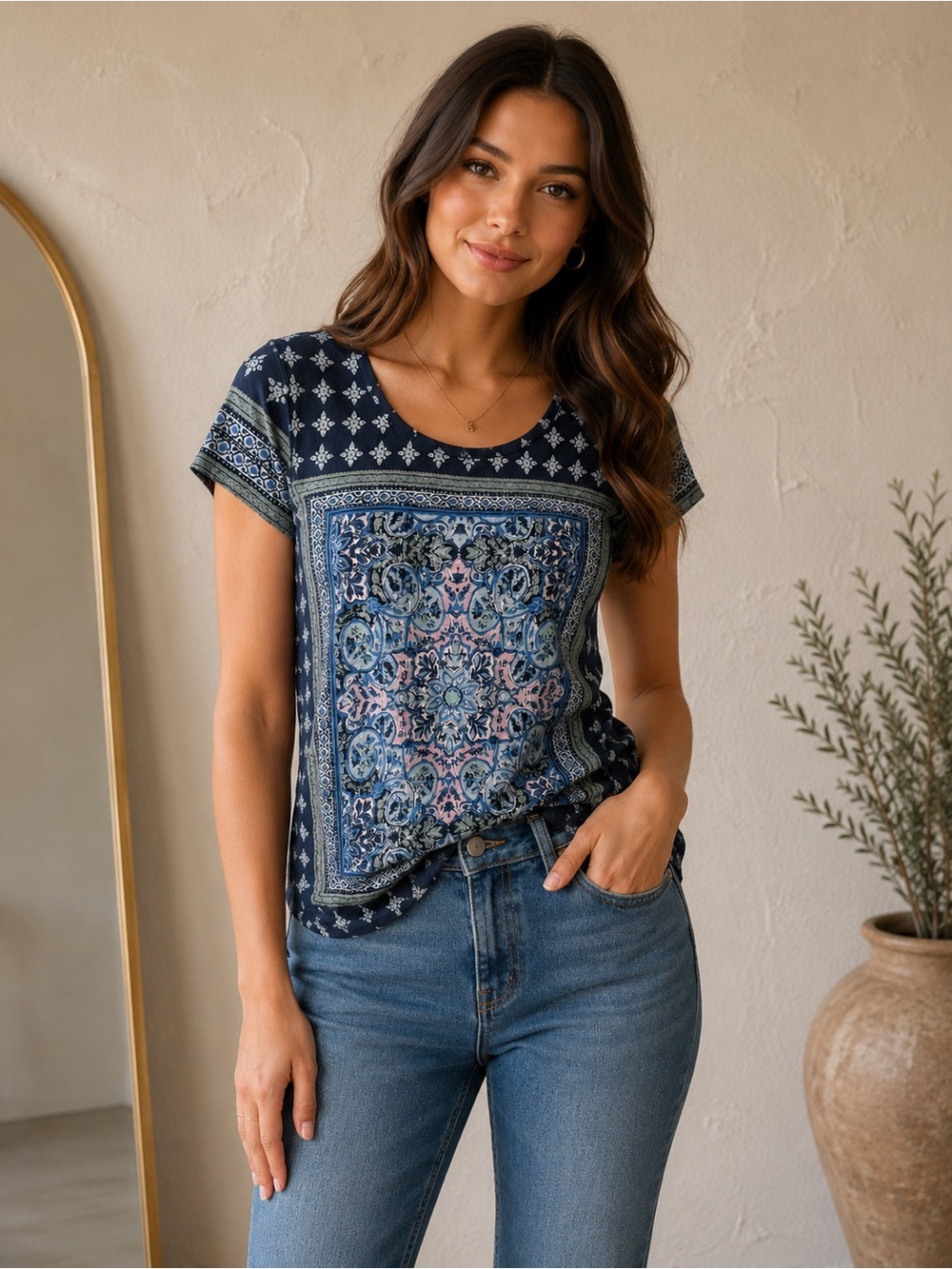Lucky Brand Navy Blue Short Sleeve Printed Tee, Size Small
